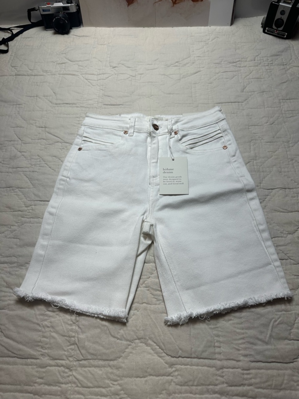 Minimalist White Denim Bermuda Shorts | High-Rise Raw Hem · Bohme NWT